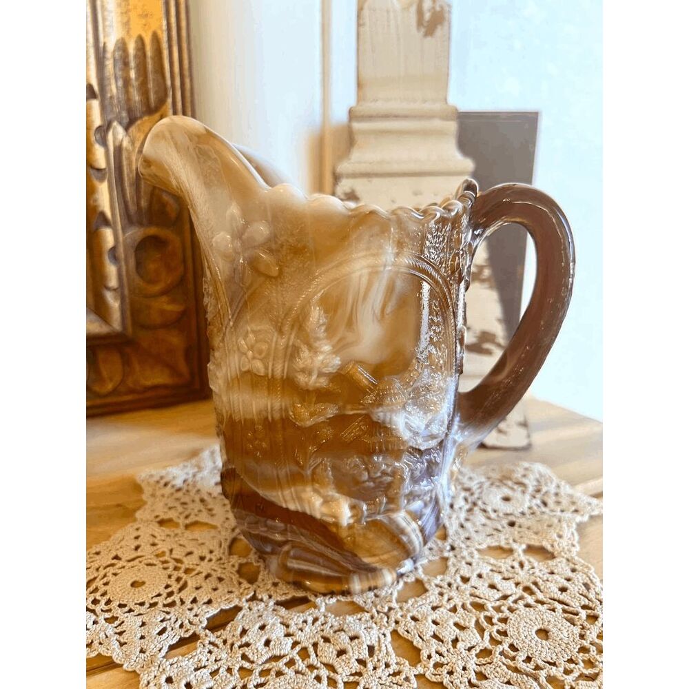 Vintage Imperial Brown Slag Windmill Pitcher, Caramel White Marbled Pressed Glas